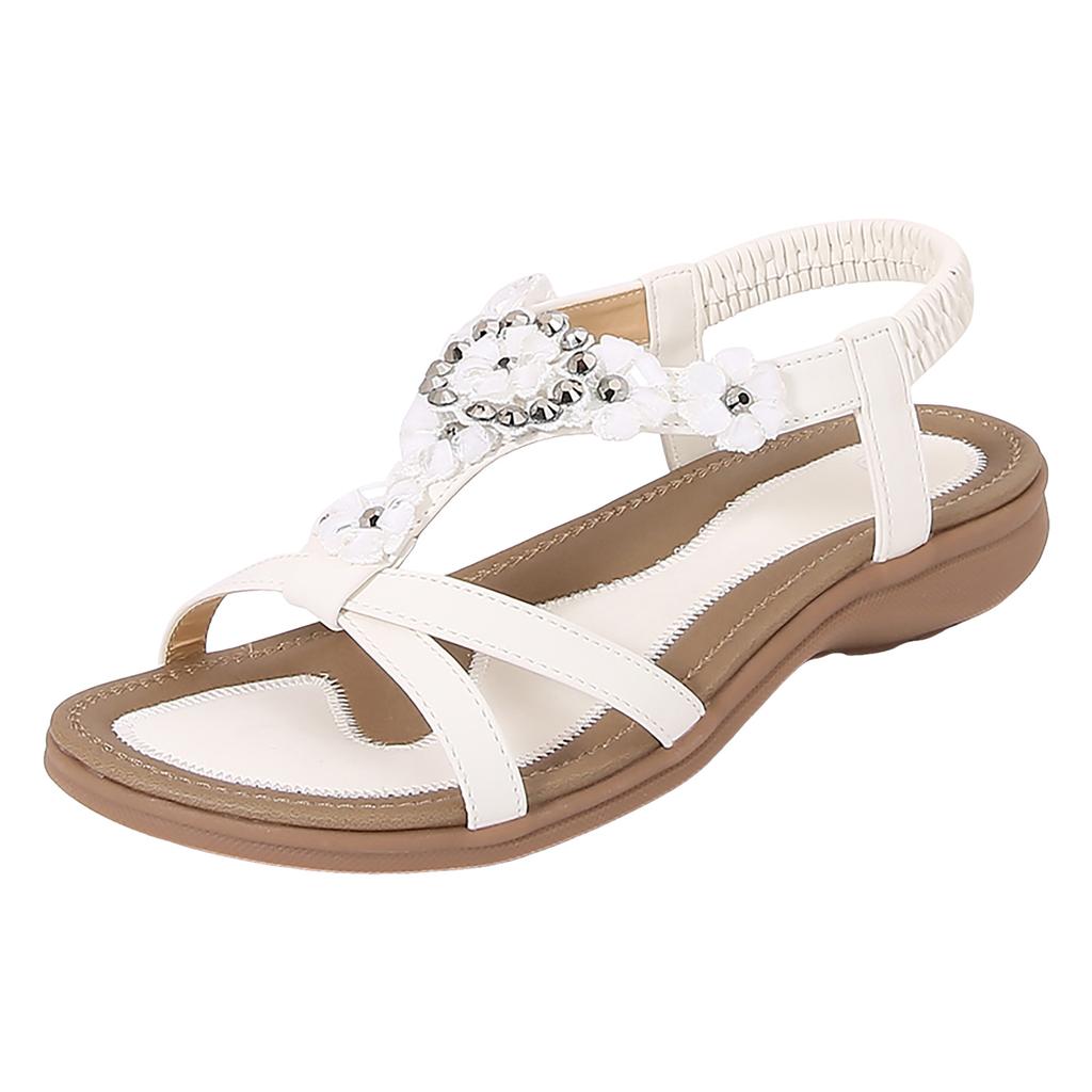 Women'S Pearl Flower Decorated Flat Sandals Comfortable Slip Soft Sole T Big Toe Sandals For Women Short Heel Sandals For Women