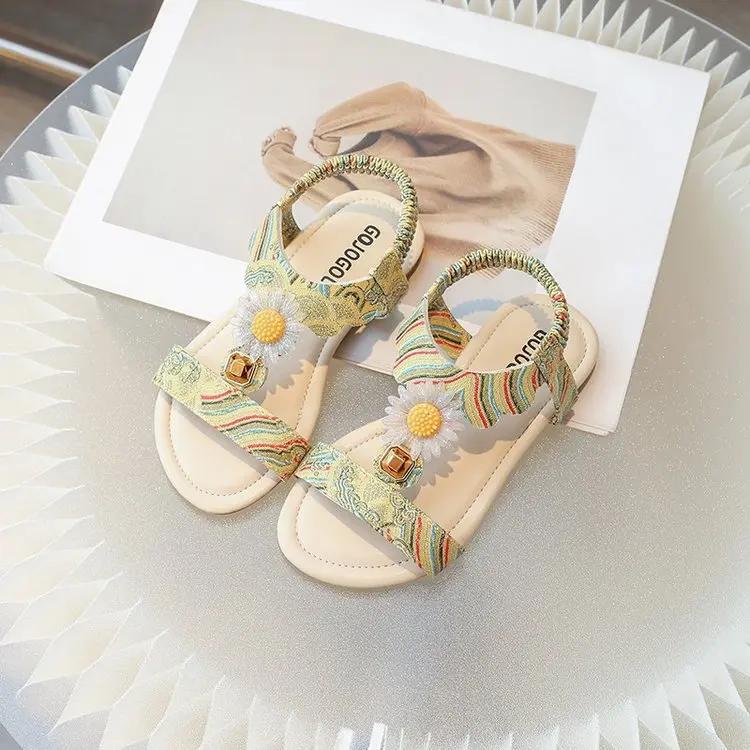 

Босоножки в стиле бохо для девочек, милые, летние, 2024, новые, детские, модные, пляжные туфли с подсолнухом для отпуска, резинка сзади 26 жёлтый