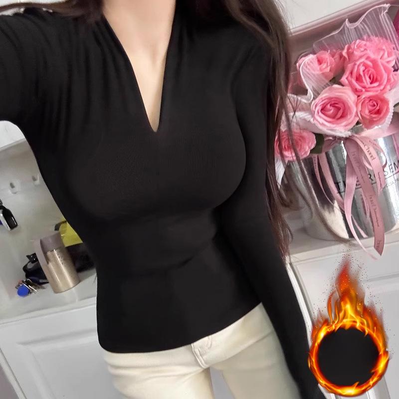 V-neck Long-sleeved T-shirt Women's Spring Clothing New High-end Pure Desire Sexy Slim-fitting Thin Velvet Thin Bottoming Shirt