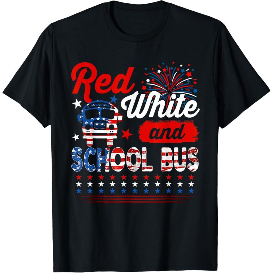 Red White And School Bus 4th Of July American Flag Driver T-Shirt S