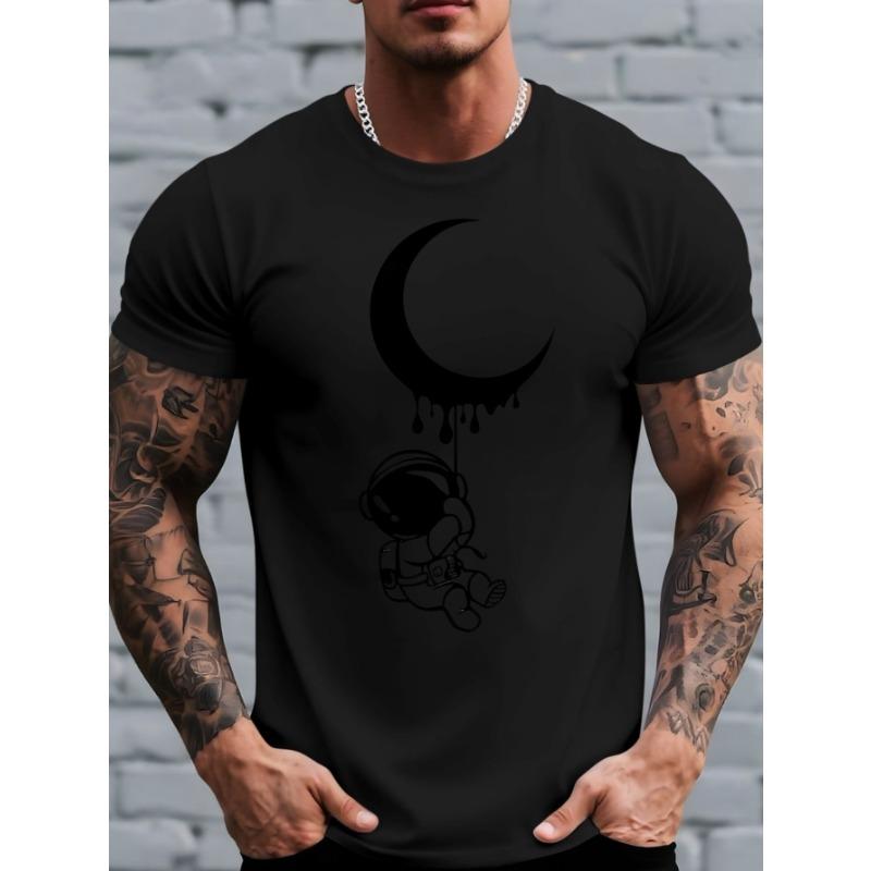 European Size Astronaut Moon-Themed Creative Cartoon Print Comfortable Men'S Round Neck Short-Sleeve T-Shirt, Suitable for Outdoor Activities