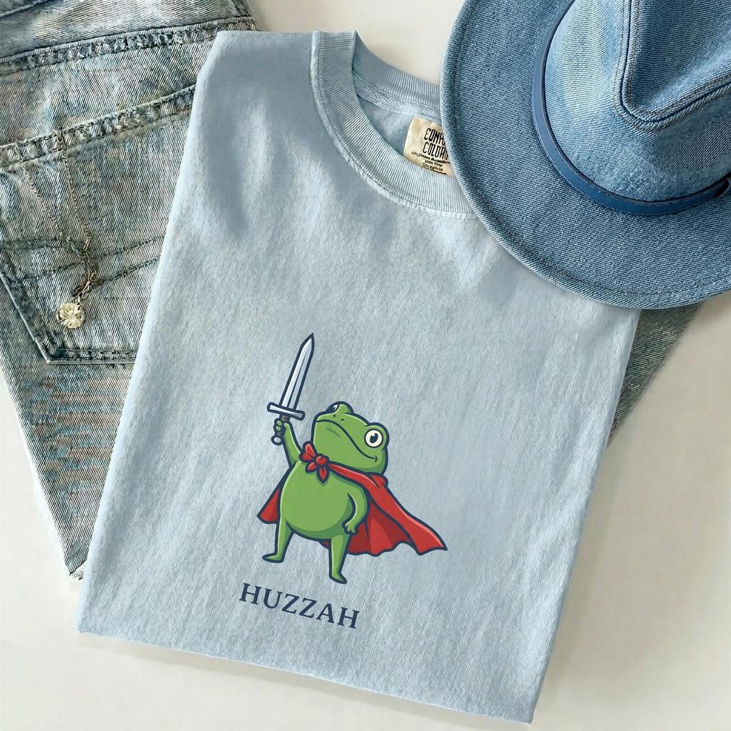 Comfort Colors® Huzzah Frog with Sword Tee, Embroidered Medieval Frog Shirt, Funny Frog T-Shirt, Renaissance Faire Frog Gift