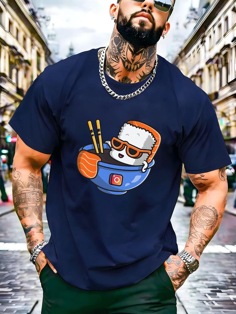 Men Summer Cartoon Cool Sushi Bowl Print T Shirt Crew Neck Short Sleeve Soft Loose Casual Streetwear Daily Fashion Tops Tee