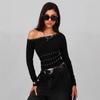 New Long Sleeve Slanted Shoulder Collar Rivet Womens Blouse Sexy Street Style Spring and Autumn Black Short T-shirt Slim Fit Top