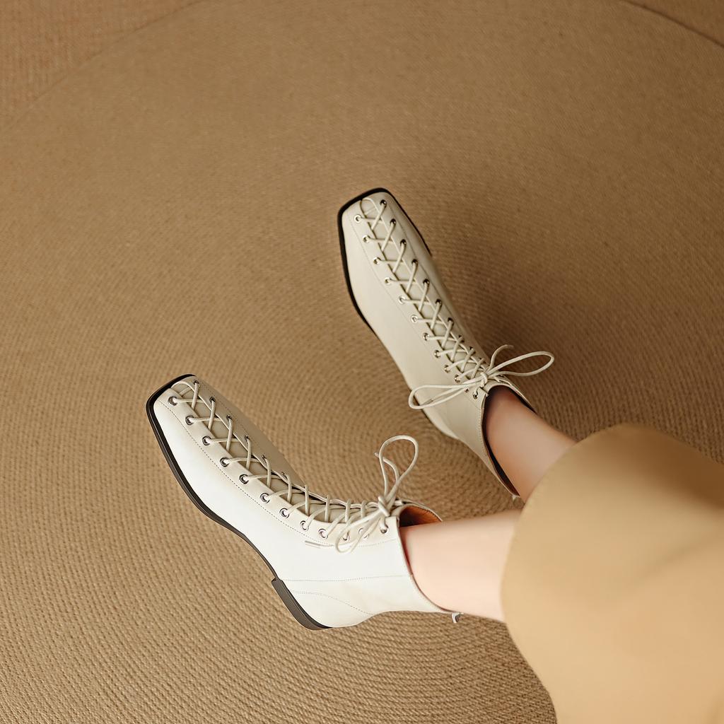 Fashion 2025 New Autumn Women Boots Genuine Leather Women Shoes Square Toe Low Heel Chelsea Modern Boots Zipper Short Boots Mid-calf