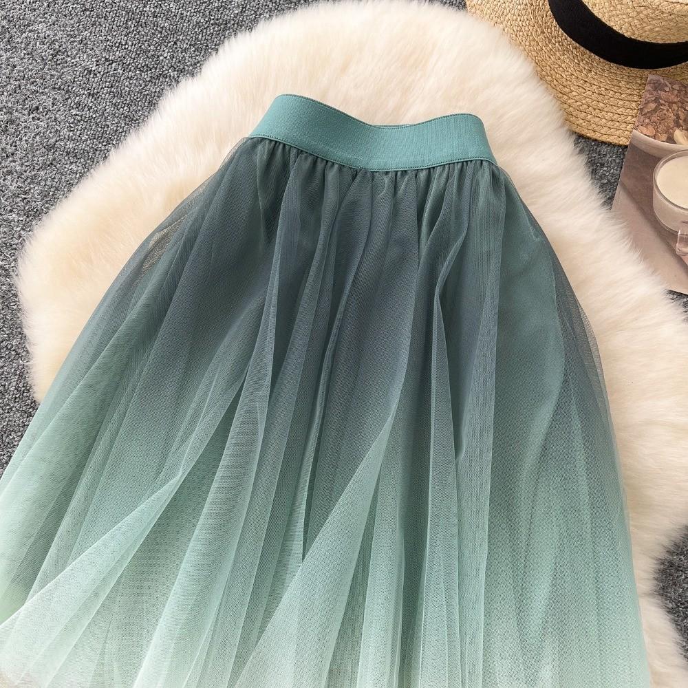 Qooth Elegant Gradient Color Tulle A Line Mini Pleated Skirt Tiered Elastic Waist Women Skirt QT2626