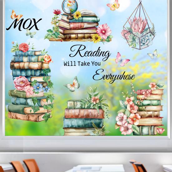 Back to School Window Clings Book Cling, Static Decals with Butterfly Flower Literary Pattern Stickers for Classroom Glass, Removable No Glue