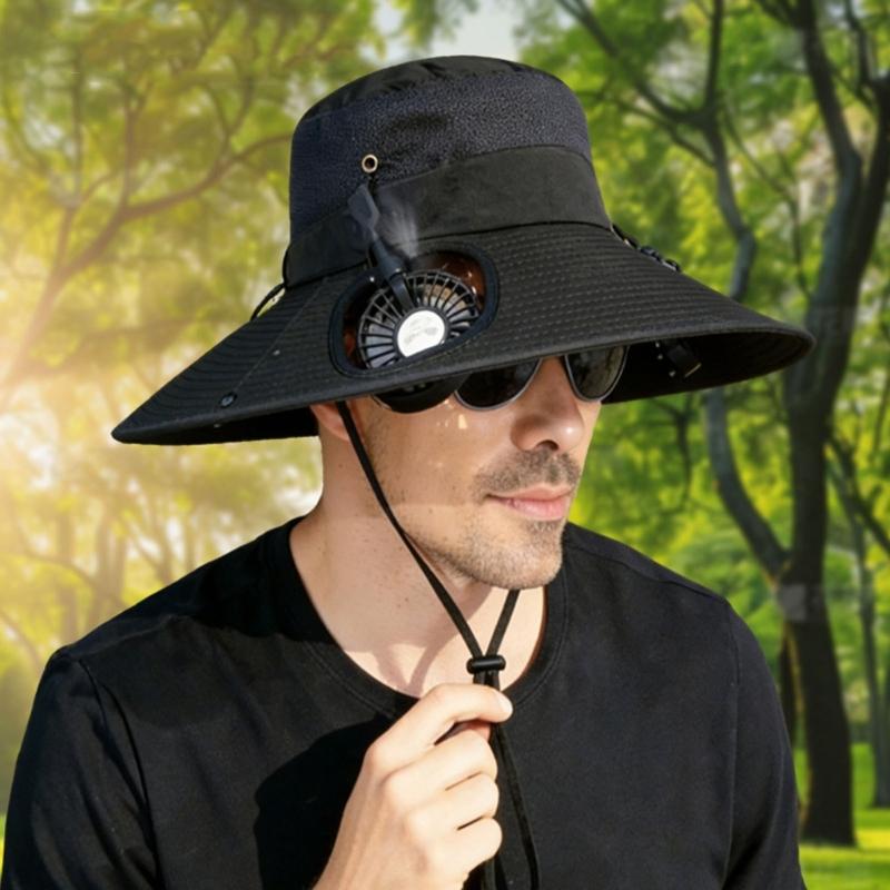 Adjustable Neck Hanging USB Fan Bucket Hat With UPF50+ Sun Protection For Outdoor Camping Hiking And Beach Activity