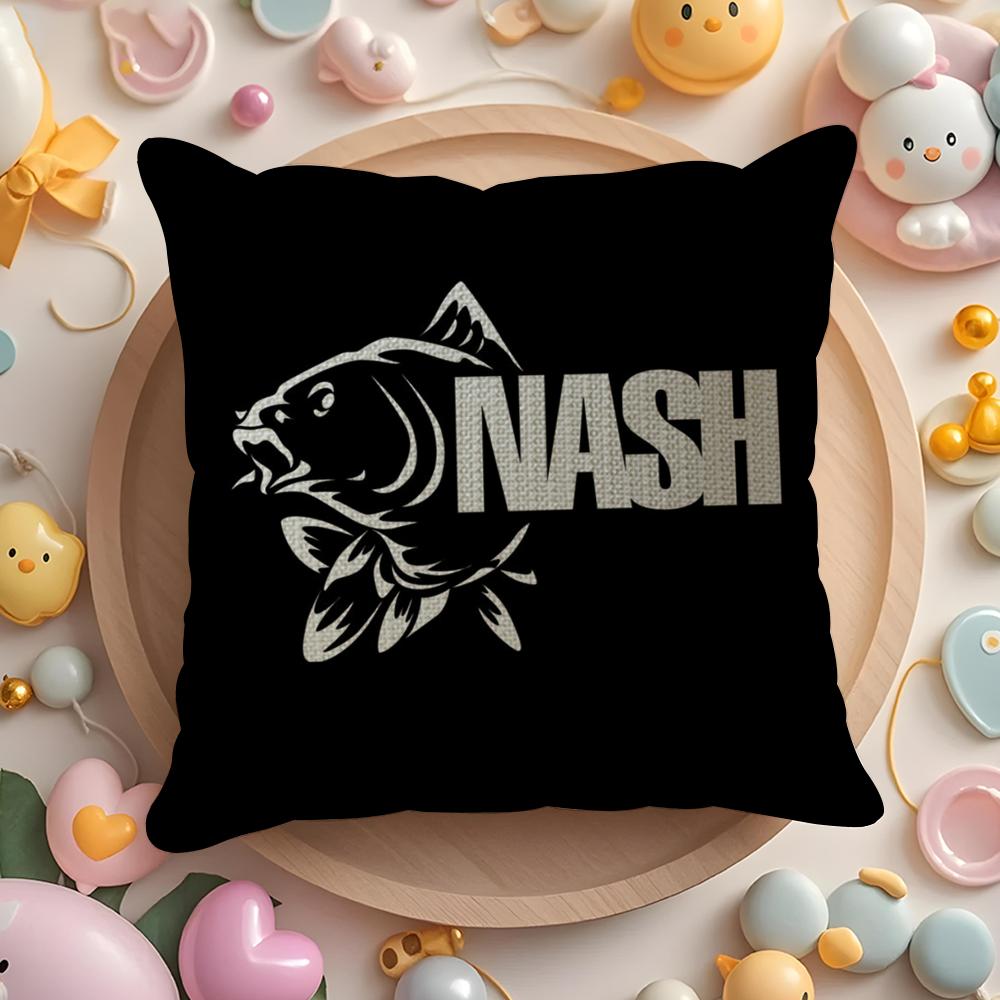 N-Nash Fishing Logo Cushion Cover Linen Organic Fabric Double-Sided Printing Breathable Pillow Case Sofa Home Decor Gift