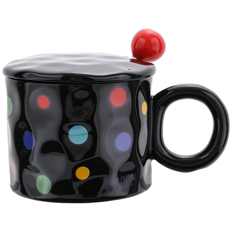 

Simple color polka dot ceramic cup with lid spoon water cup Nordic style couple mug office coffee cup 301-400ml