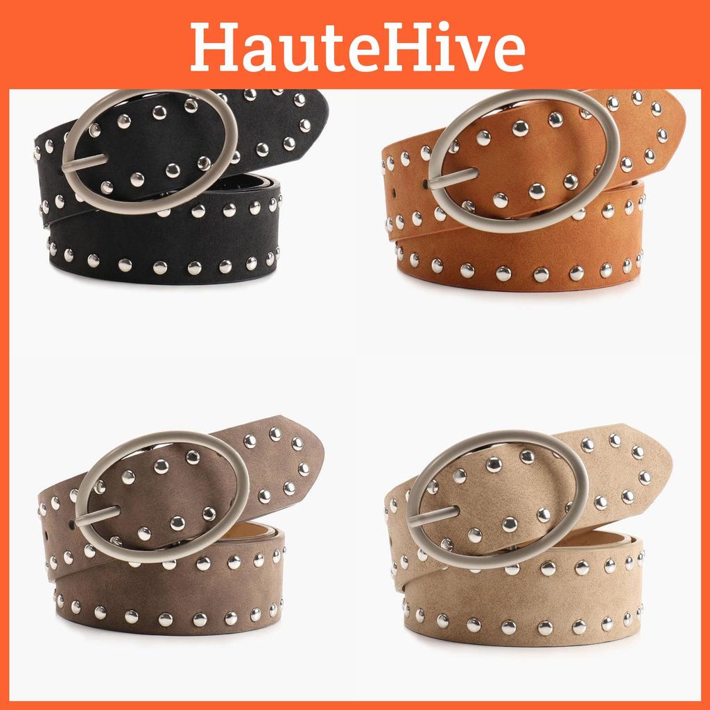 Faux Streetwear Women Leather Rivets Belt With Alloy Metal Buckle For Use Daily