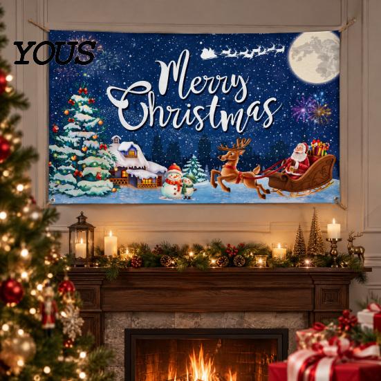 Decorative Holiday Fabric Christmas Banner, 71x43 Inches Santa Sleigh Reindeer Snowman Backdrop for Winter Wonderland Easy Install Door Banner