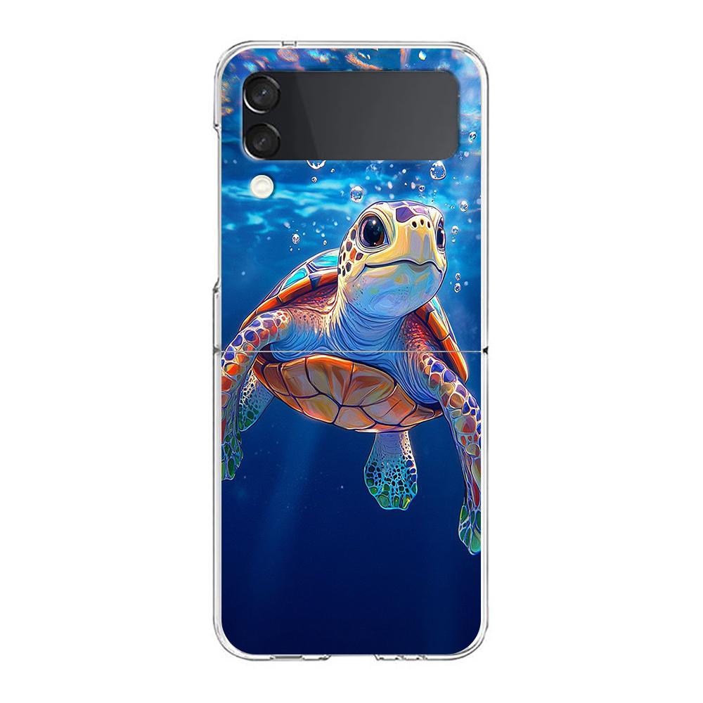 Phone Cover For Samsung Galaxy Z Flip 7 6 5 4 Case Transparent For Samsung Z Flip 3 Hard PC Shell Ocean Cute Dolphin Sea Turtle