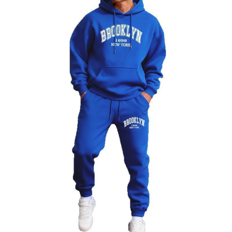 Mens Hooded Sweatshirt Tracksuit 2 Piece Set Letter Print Casual Warm Sportswear