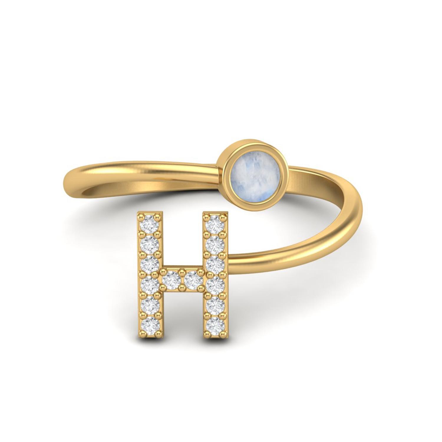 

Capital H Initial Letter Moonstone Women Adjustable Front Open Ring 925 Sterling Silver Gold Vermeil 12 жовтий