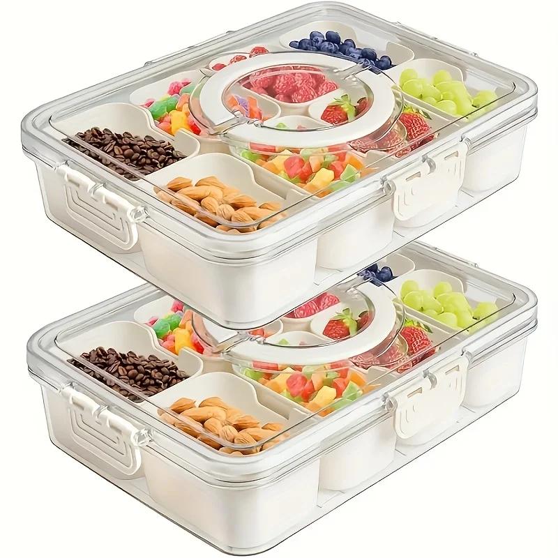 Divided Serving Tray with Lid and Handle, Portable Snackle Box for Party, Veggies, Snack, Fruit, Nuts, Candy, Christmas Picnic