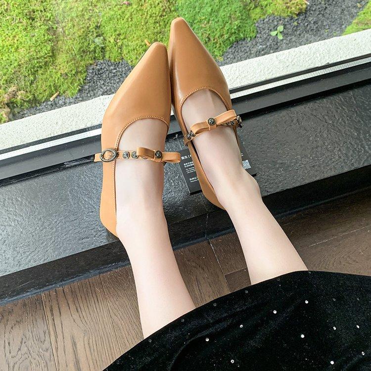 Coarse Heel Mary Jane Shoes Spring and Autumn Shoes New Pointed Small Leather Shoes Evening Silver Single Shoes Women