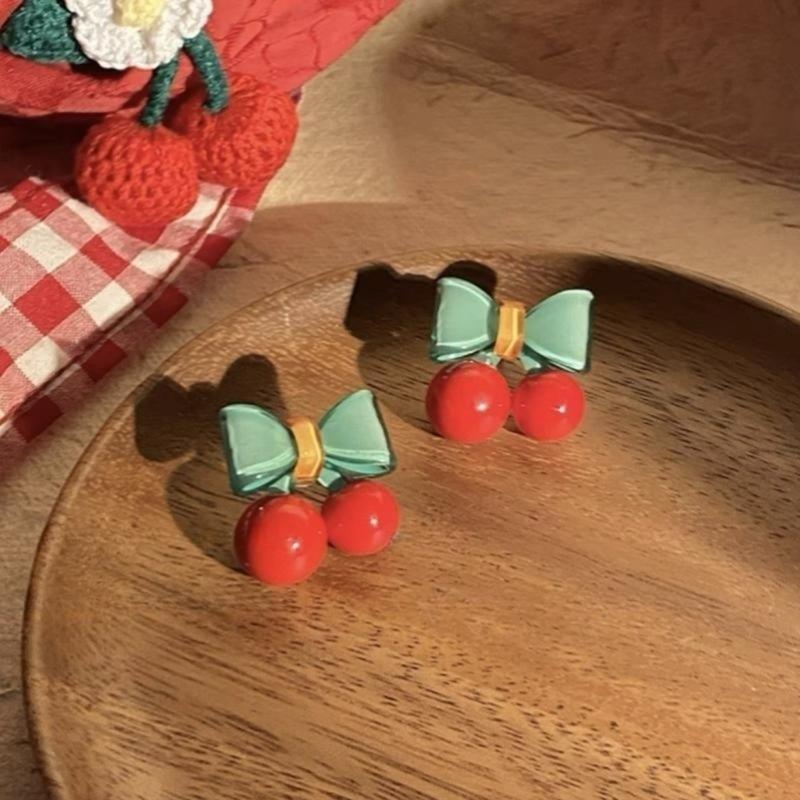 Red Cherry Pendant Earrings Cherry Ear Studs Ear Clips Acrylic Material Cherry Ear Jewelry Perfect for Everyday Wear 1