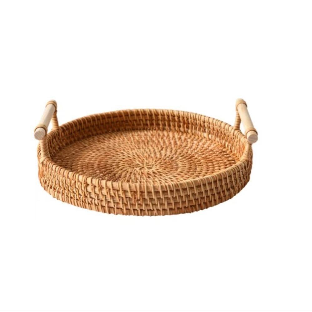 Handwoven Handmade Rattan Tray Round Shape Eco-Friendly Wicker Serving Tray with Handles Large Capacity Food Storage Basket