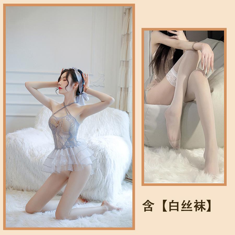 Sex Underwear, Sexy Cross Shoulder Straps, Transparent Mesh Dress, Short Skirt, Headgear Set, Uniform Temptation and Beauty