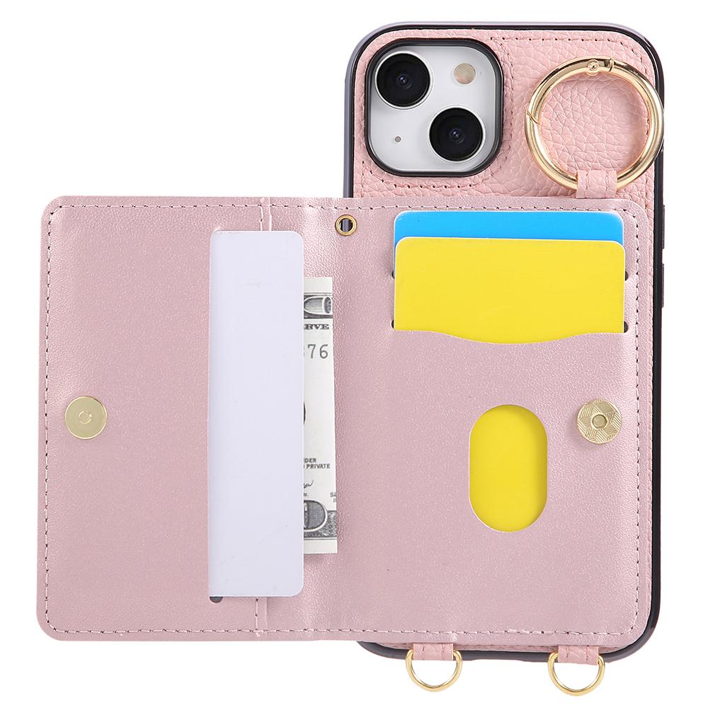 

For iPhone 15 Case Kickstand Rhombus Leather+TPU Phone Cover with Shoulder Strap Red