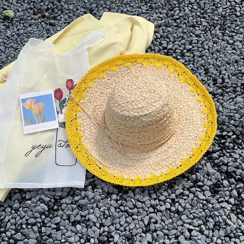Flat Hat Raffia Woven Flat Straw Hat Top Hat Summer Shade Seaside Vacation Beach Hat Wholesale Sun Hat Elegant
