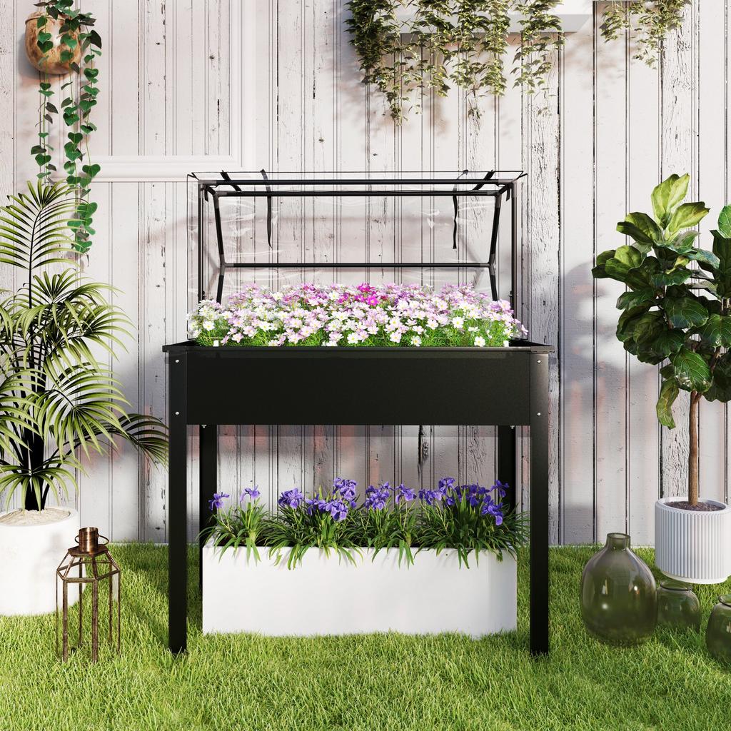 Raised Garden Bed with Greenhouse Roof, Elevated Planter Box with Drainage Holes, 100 x 48 x 124 cm, Black