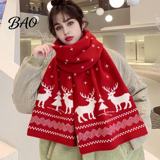 Winter Warm Knitted Scarf for Women, Reversible Fair Isle Snowflake Reindeer Christmas Red And Green Neck Warmer Scarf, Soft Long Wrap Holiday Festive