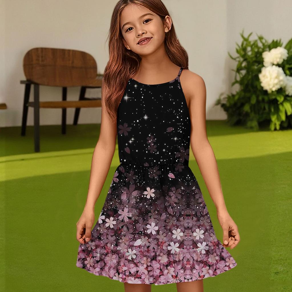 Rochie de vară casual pentru copii, cu gât rotund, culoare uni, fără mâneci