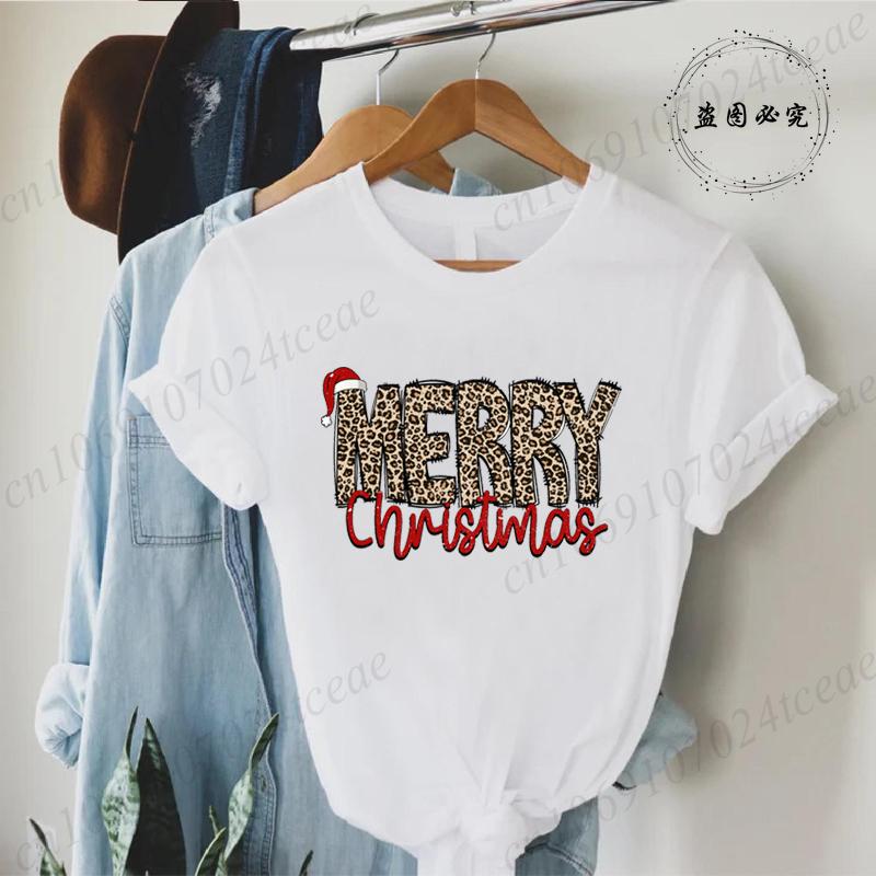 Leopard Merry Christmas Print TShirts Crew Neck Tshirt Casual Short Sleeve Top for Christmas Unisexs Clothing Tshirt Top