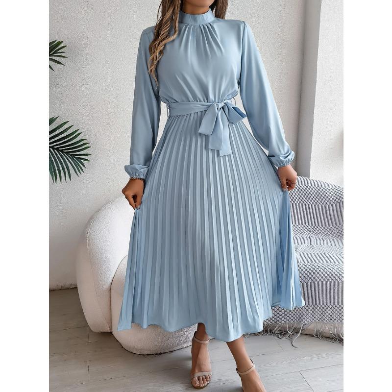 Women's Autumn and Winter Elegant Stand Collar Long Sleeve Waist Pleated Long Dress