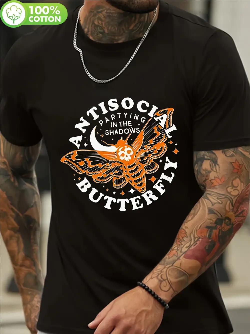 Plus Size 100% Cotton T-shirt - Black with Orange Butterfly & English Letter Print S