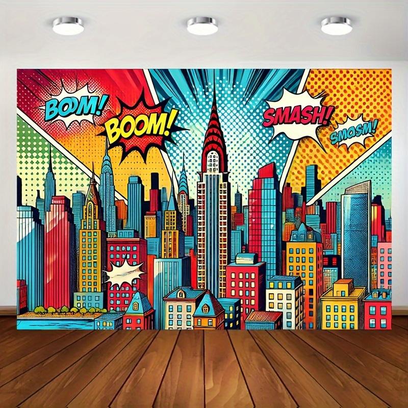 2D planar fabric, 2D planar banner fabric, 1 piece, brightly colored Pop Art urban landscape background fabric - easy to install