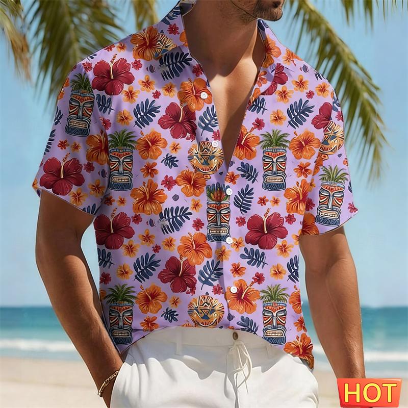 Men s Tiki Hawaiian Shirt Tropical Floral Tribal Mask Print Casual Short Sleeve Button Down Shirts Summer Beachwear Vacation S