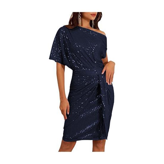 Women's Sexy Sequins Bodycon Dress Glitter One Shoulder Ruched Mini Dress Sparkly Cocktail Party