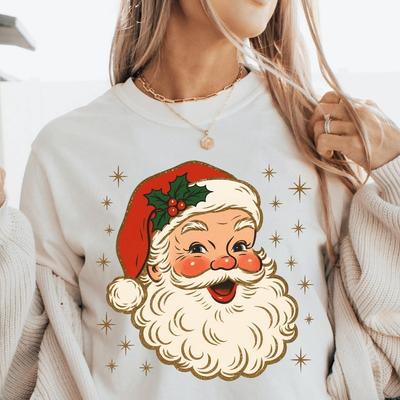 Retro Happy Santa Shirt Comfort Colors® Faux Glitter Santa Claus Gift For Christmas Party Tee Womens Christmas Cozy Winter Xmas Holiday Gift
