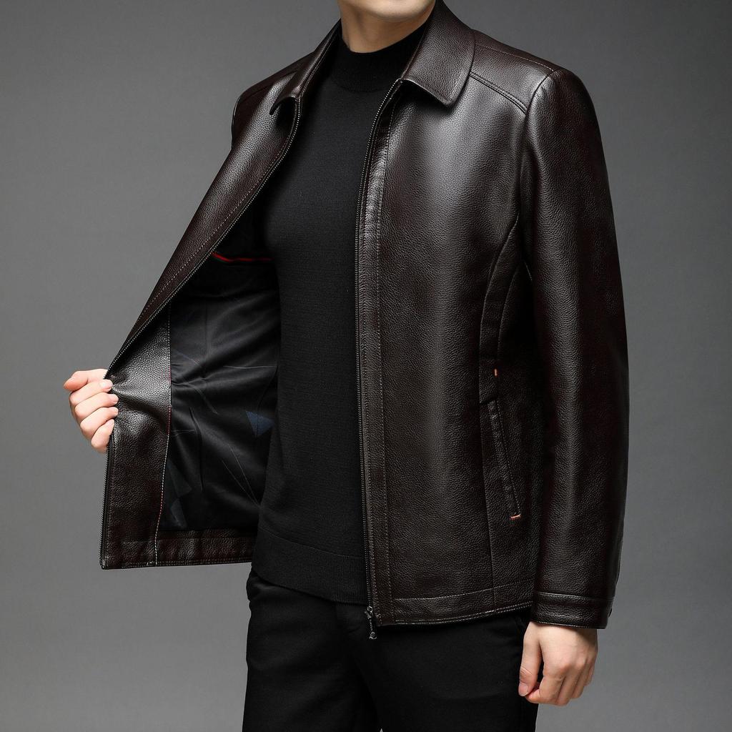 Lederjacke Herren Herbst und Winter Herren Reverskragen Weiche Lederjacke Mittleren Alters Herren Business Casual Fleece Lederjacke