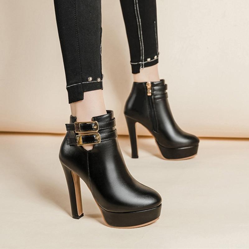 Zipper Women Boots High Heels Clogs Platform Boots-Women Autumn Shoes Winter Footwear Round Toe Stiletto Black Leather Rubber