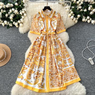 Sommer Frauen Elegante Drehen-unten Kragen Designer Druck Lange Midi Runway Party Shirt Kleider