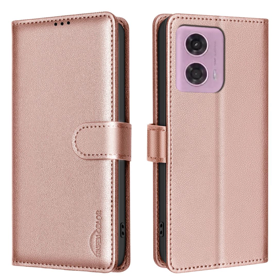 

BINFEN COLOR BF32 For Motorola Moto G04 4G/G24 4G Cell Phone Case RFID Blocking Litchi Texture Leather Phone Cover Rose Gold