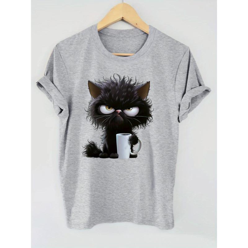 Cute Cat Water Cup Print Short-sleeved Round Neck T-shirt S