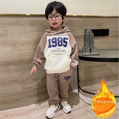 Boys' Street-Style Hooded Fleece Sweatshirt & Pants Set