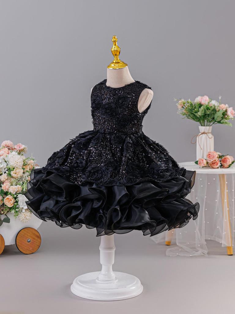 Funkelndes Prinzessinnen-Hochzeits- und Auftrittskleid für Mädchen mit flauschigem Rock für ältere Kinder