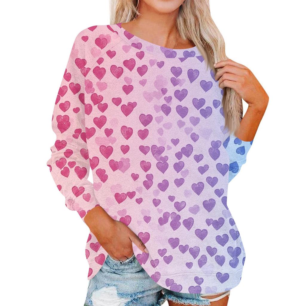 Women's Fashionable Round Neck Shoulder Long Sleeved Valentine's Day Printed Casual Pullover Top