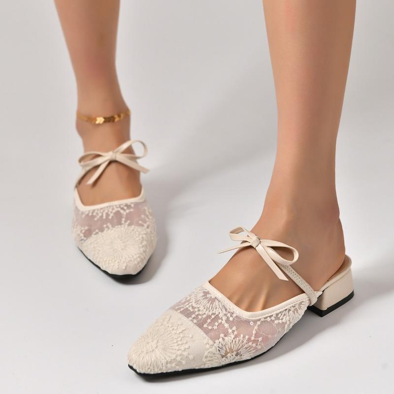 Fashion French High-end Wrapped Chinese Mesh Slippers, Lace 2025 Summer New Pointed Toe Commuter Women's Sandals for Going Out