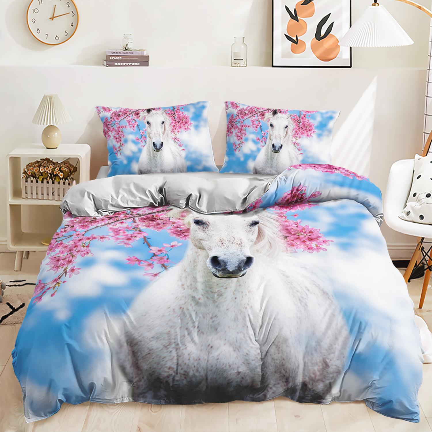 

Comforter Horse Bedding Set Animal Peach Blossom White Horse Flower Twin Queen King S 3D S Comforter (quilt)-EU Single(135*200cm)3pcs