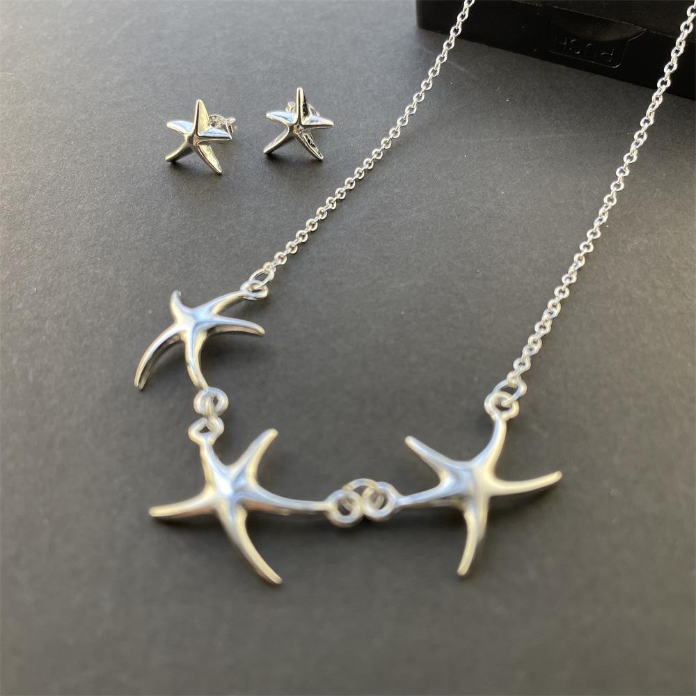 925 Sterling Silver Starfish Necklace Earrings Set Birthday Party Anniversary Gift Suitable for Women's Daily Wear
