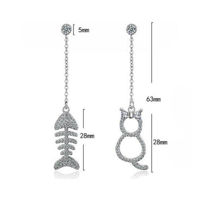 925 Sterling Silver Cute Asymmetric Mosaic Zirconia Cat Fish Long Tassel Earrings for Women Statement Jewelry S-E390