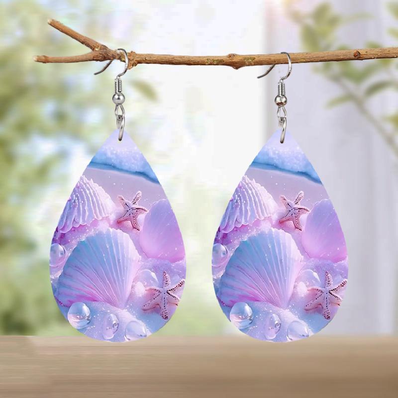 Beautiful Blue/Pink Seashell Starfish Beach PU Leather Earrings for Women Fashion Creative Earrings Double-sided Print Lightweight Earrings