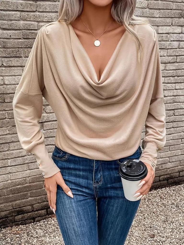 Women's Elegant V-neck Long-sleeve Solid Color T-shirt for Autumn/Winter